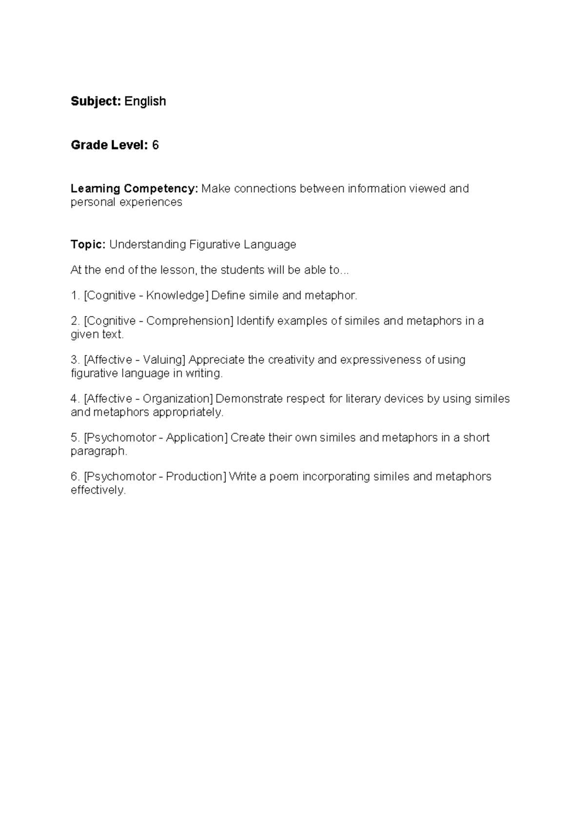 Learning competency - Cg in language - Subject: English Grade Level: 6 ...