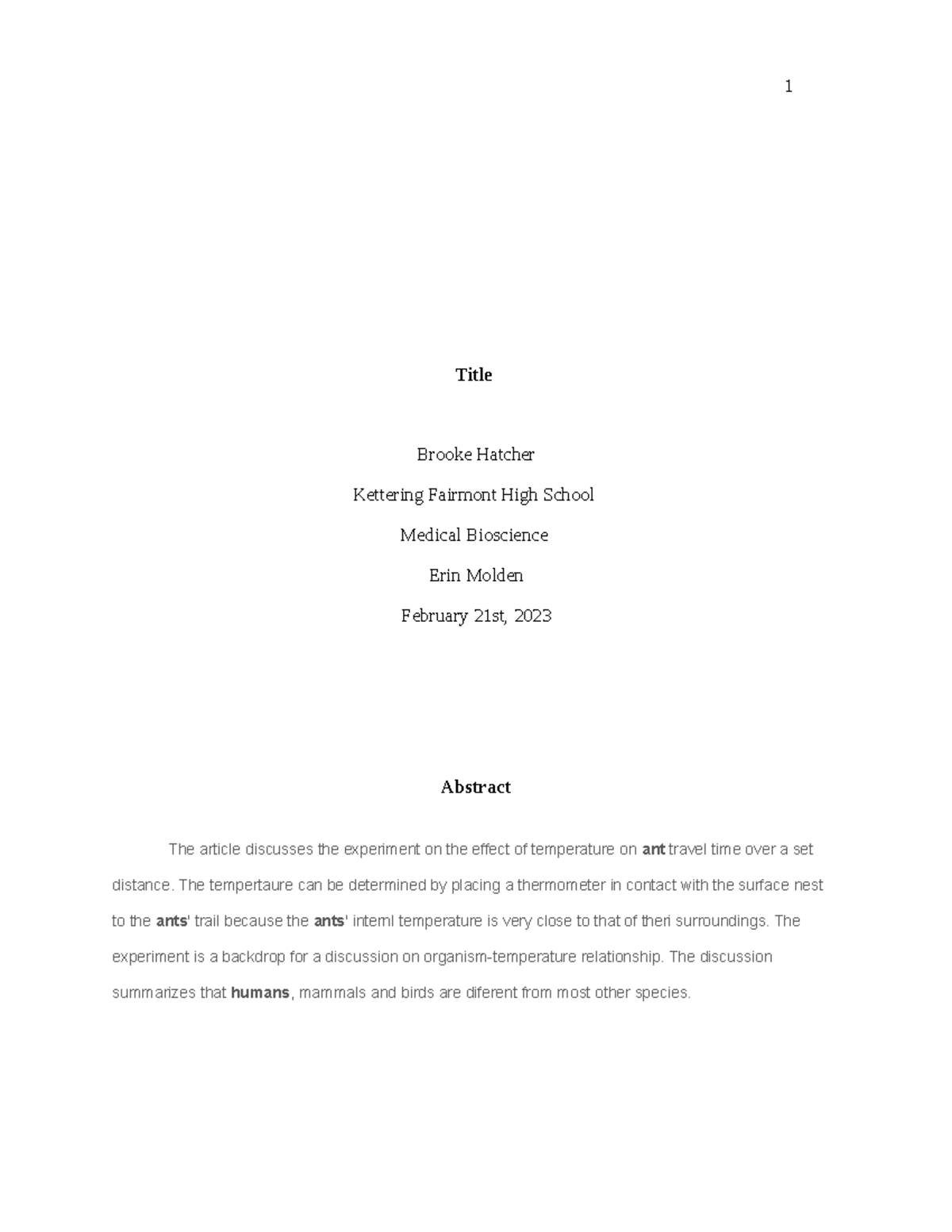 Medical Bioscience Scientific Paper - 1 Title Brooke Hatcher Kettering ...