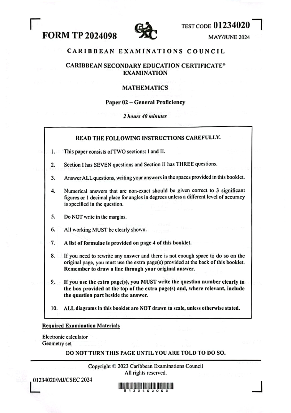 Math May 2024 Paper 2 Solutions - SC TEST CODE 01234020 FORM TP 2024098 ...