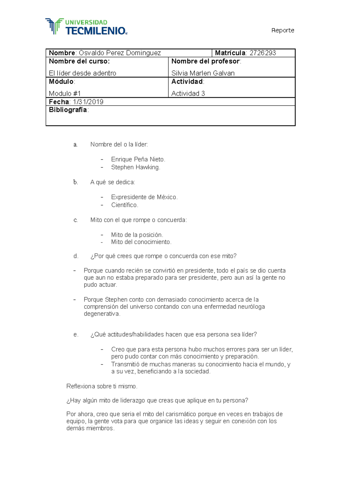 Actividad 3 El lider desde adentro - Reporte Nombre: Osvaldo Perez ...