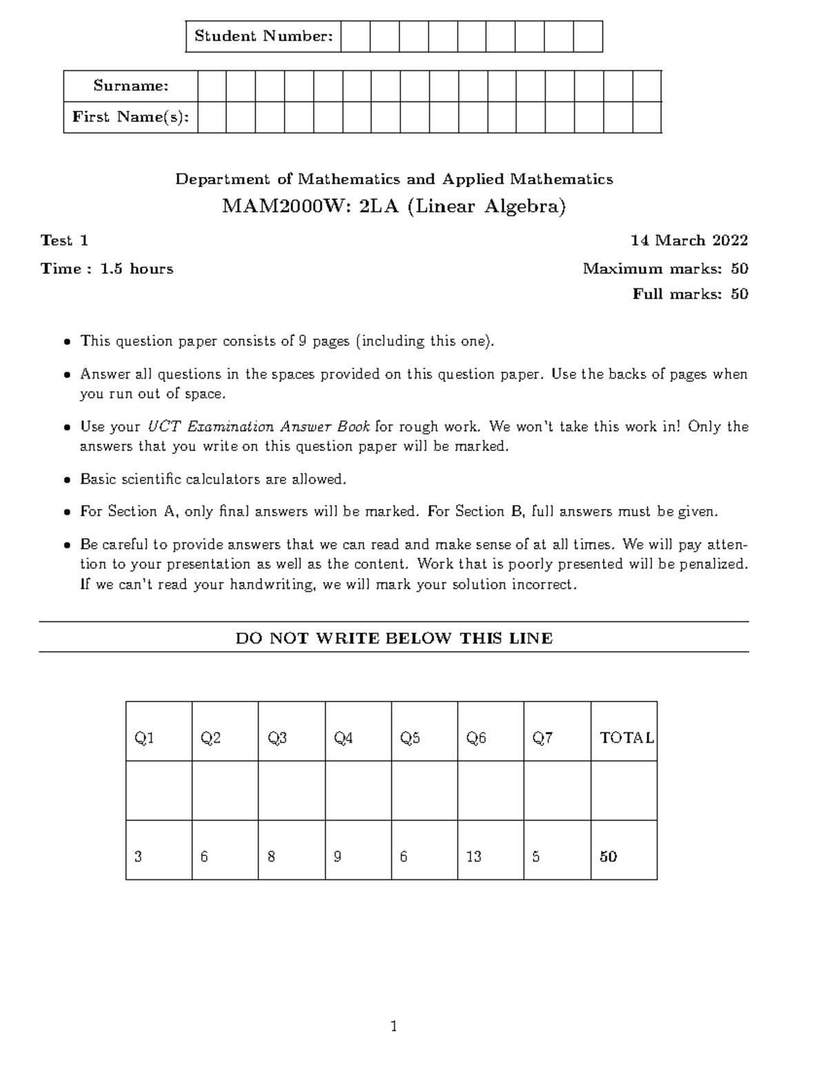 2022 Test 1 Surname First Name(s) Department of Mathematics and Applied Mathematics