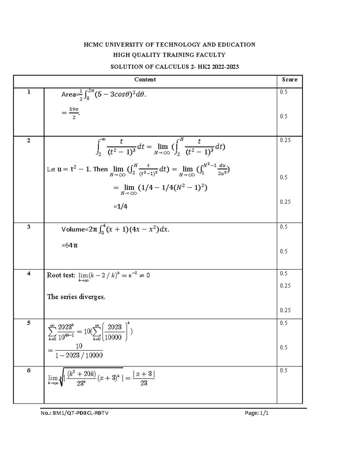 Cal2 CLC ans - Summary Toán 2 - SPKT - No.: BM1/QT-PĐBCL-RĐTV Page: 1 ...