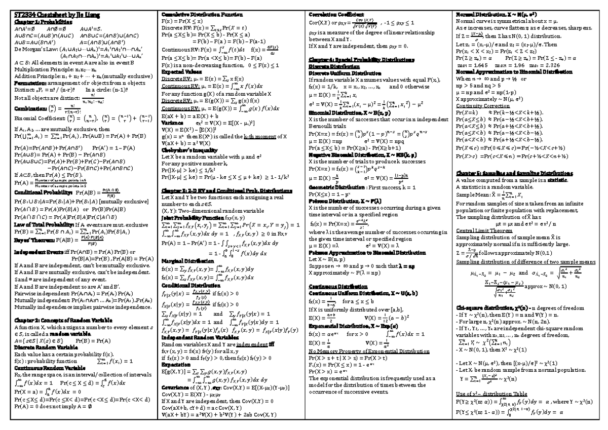 ST2334 Cheatsheet - ý,þ+ÿ=(ý,þ)+(ý,ÿ) ý+þ,ÿ=(ý+þ),(ý+ÿ) ý,þ=ý,(þ+ý′) ý ...