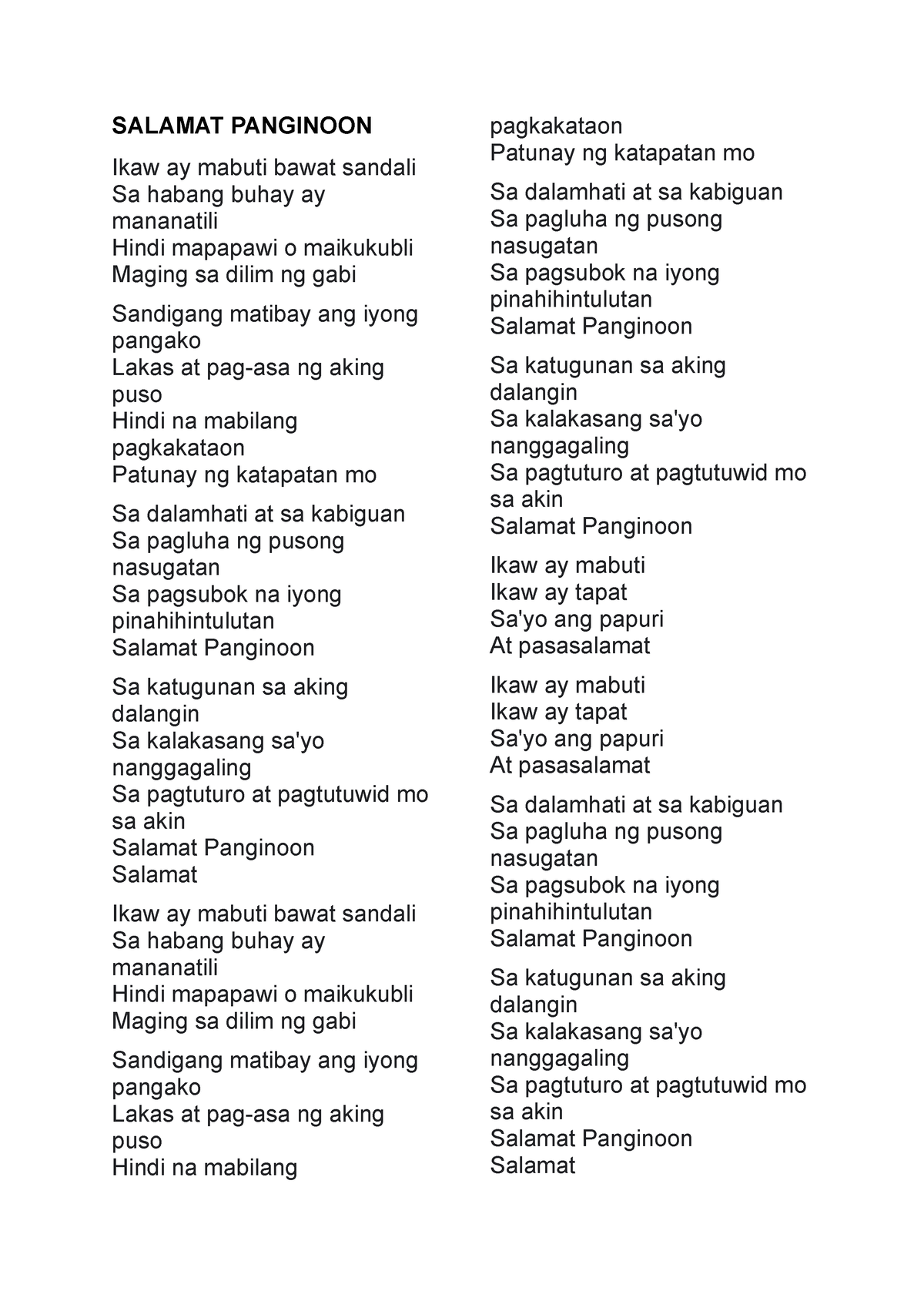 Salamat Panginoon Lyrics And Chords Key Of C Panginoo 9994