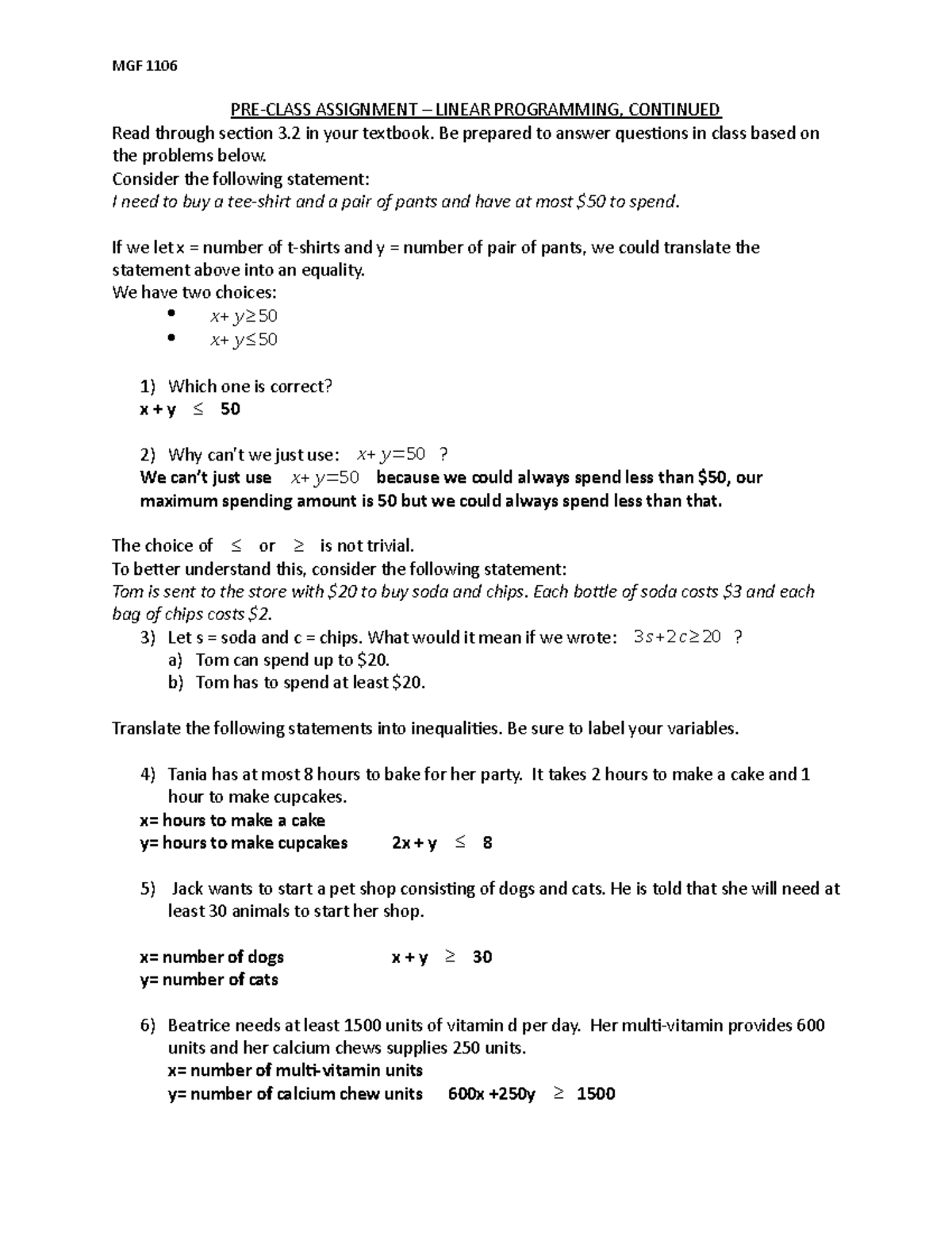 Pre-Class Week 4 (Constraints) - MGF 1106 PRE-CLASS ASSIGNMENT – LINEAR ...