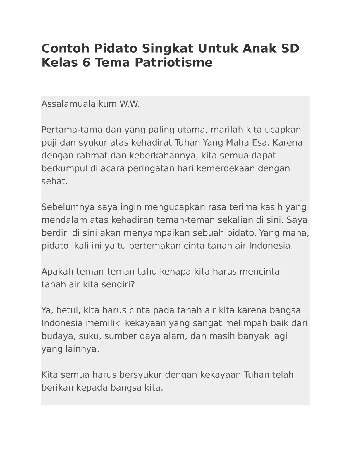 Contoh Pidato Singkat Untuk Anak SD Kelas 6 Tema Patriotisme - Contoh ...