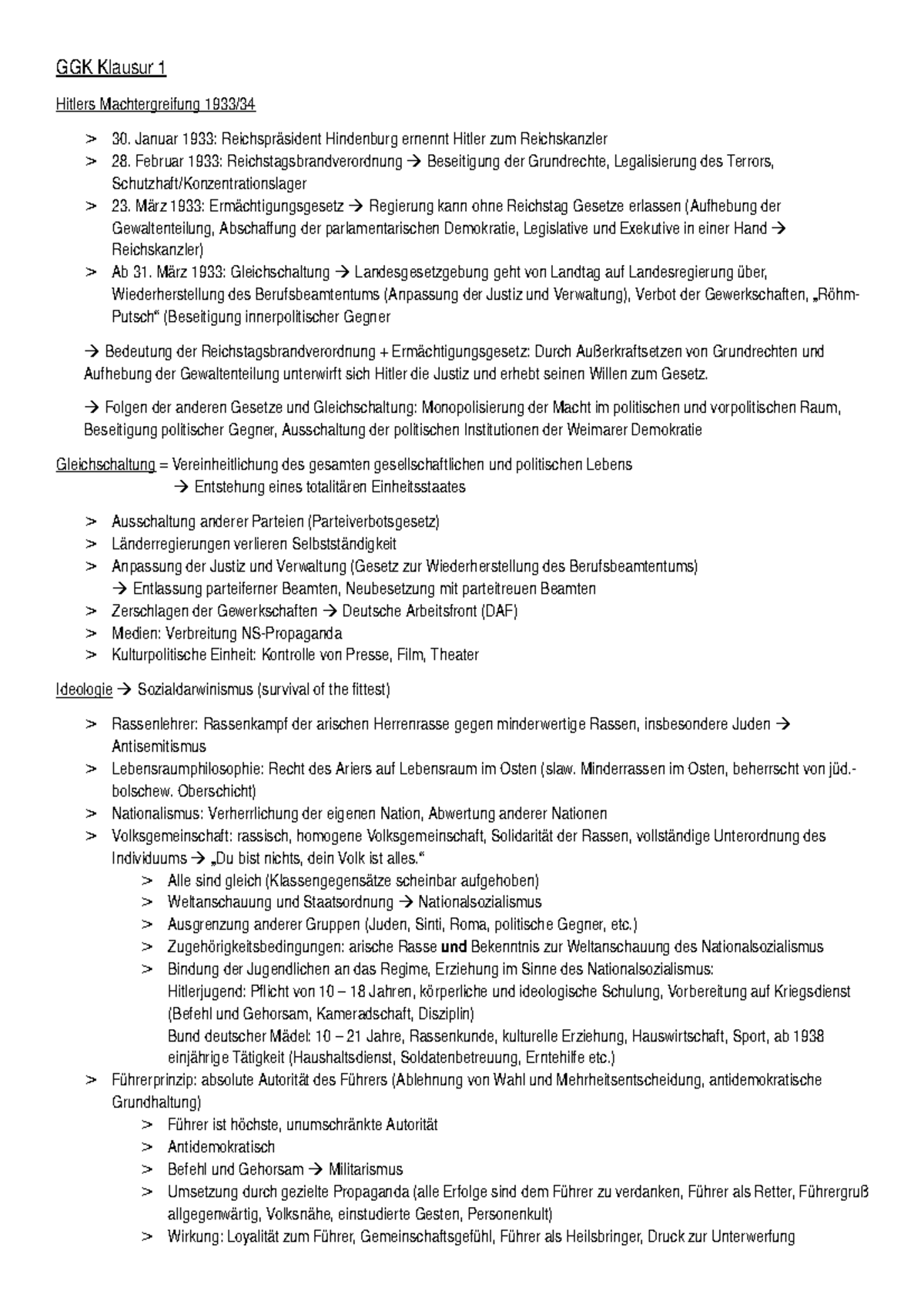 1933 Bis 1945 Zusammenfassung Kurz GGK Zusammenfassung: Das Dritte Reich - GGK Klausur 1 Hitlers