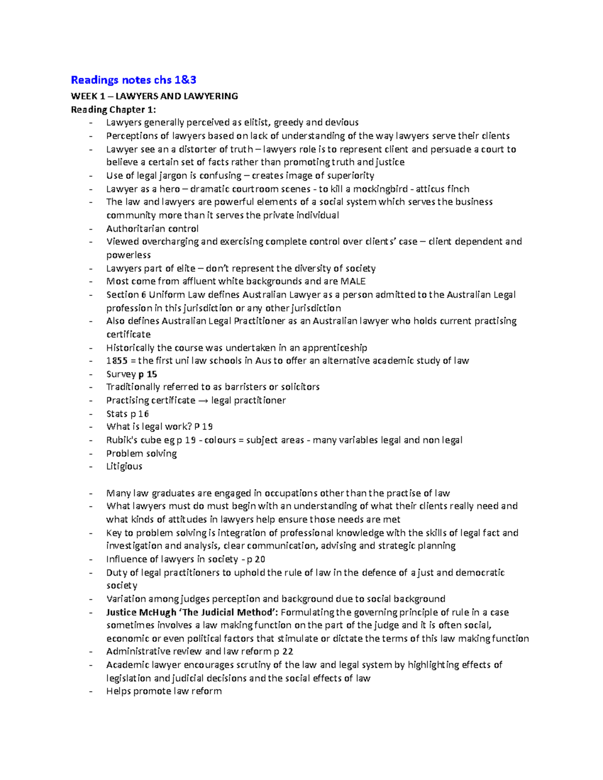Readings studocu - Readings notes chs 1& WEEK 1 – LAWYERS AND LAWYERING ...
