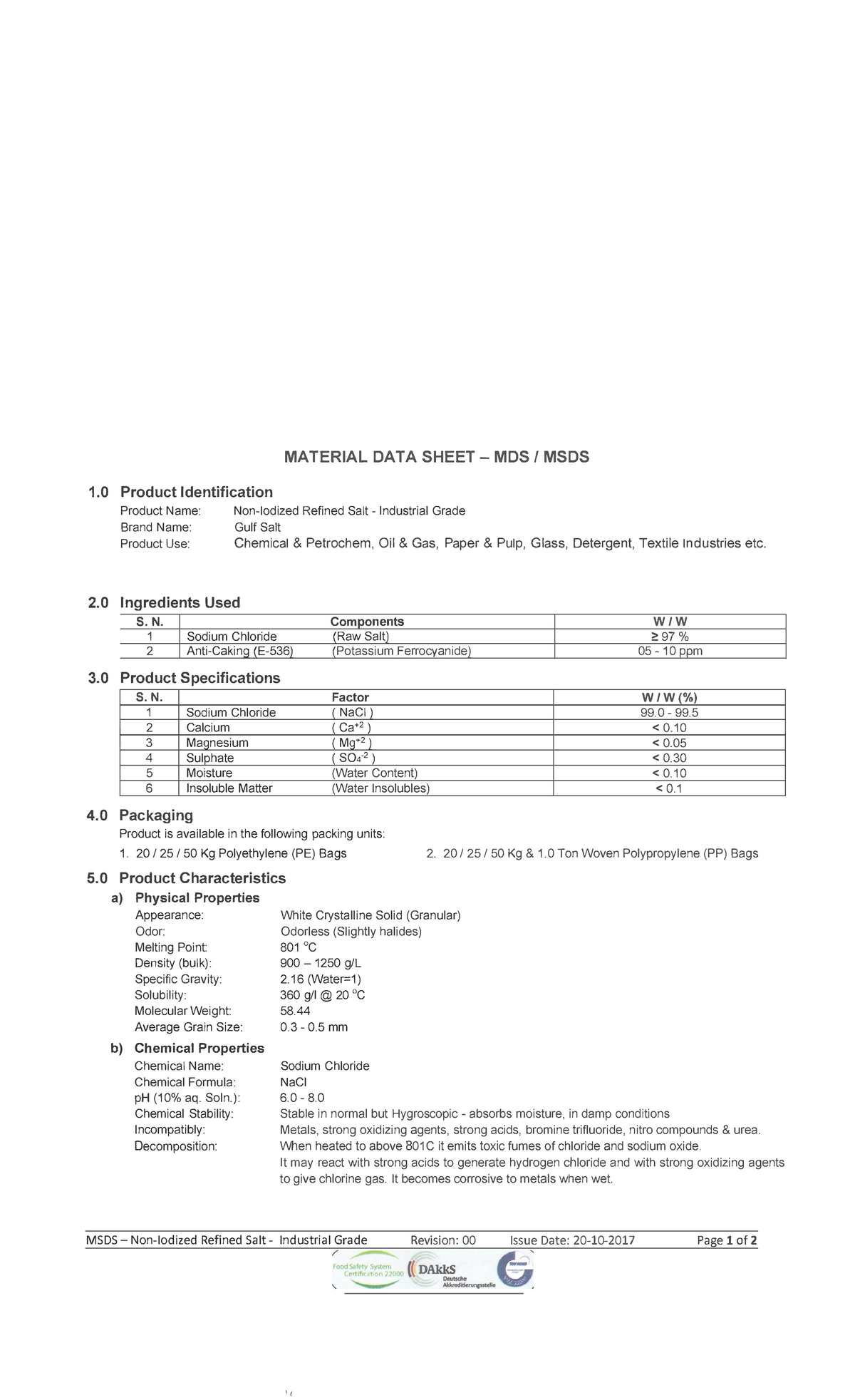 MSDS NonI2 Ind. Grd. Refined Salt P1 MATE MATERIAL DATA SHEET MDS / MSDS 1 Product Studocu