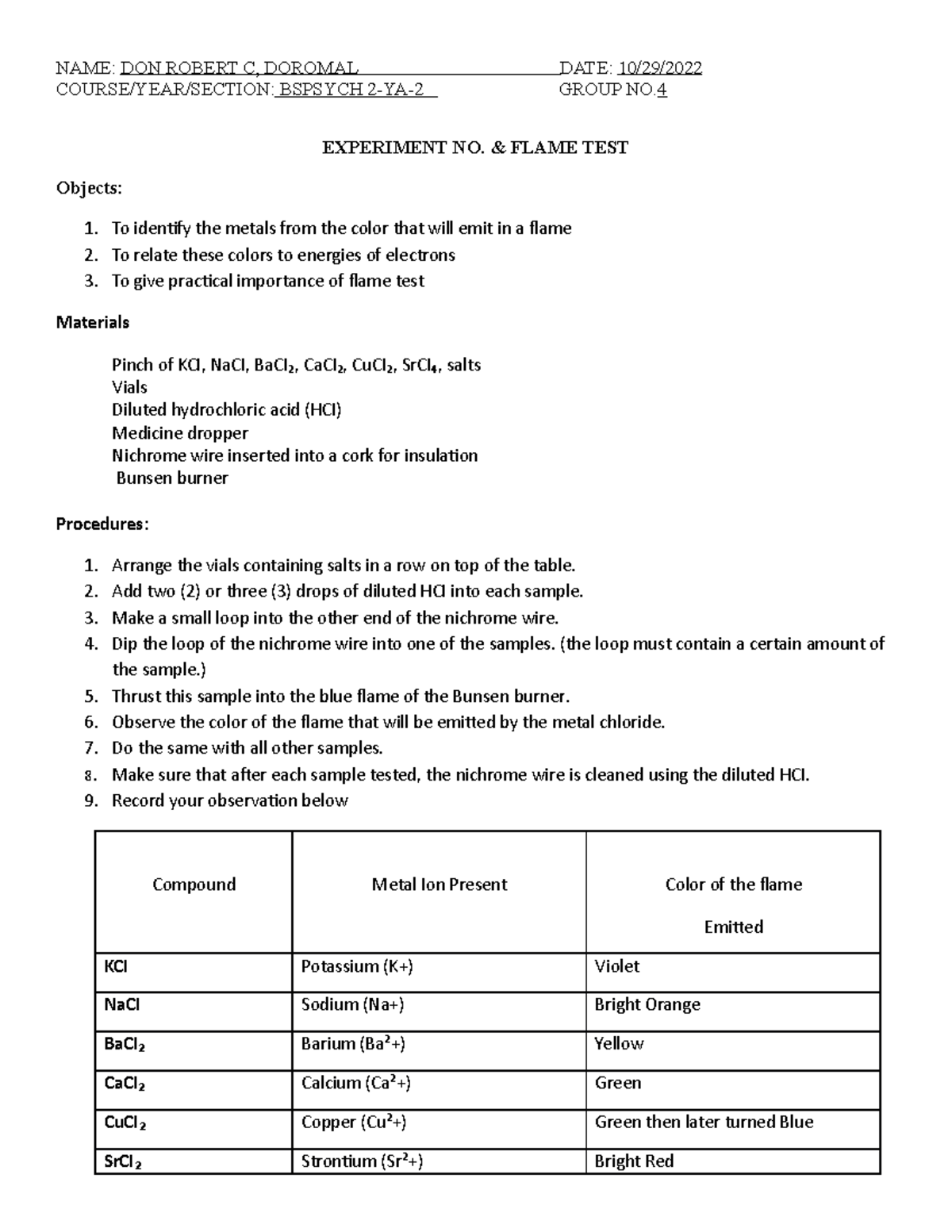 CHEM LAB 2 LAB F2F NAME DON ROBERT C, DOROMAL DATE 10/29/ COURSE