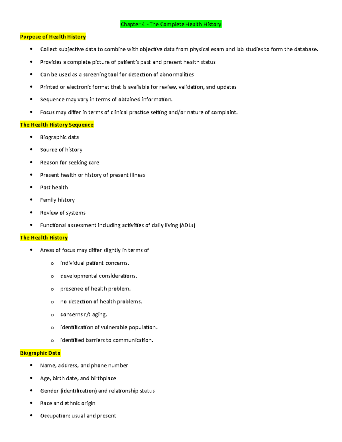 RN 102 - Ch 4 the complete health history - Chapter 4 - The Complete ...