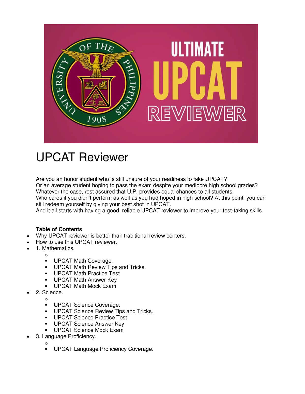 Pdfcoffee - Reviewer For Students - UPCAT Reviewer Are You An Honor ...