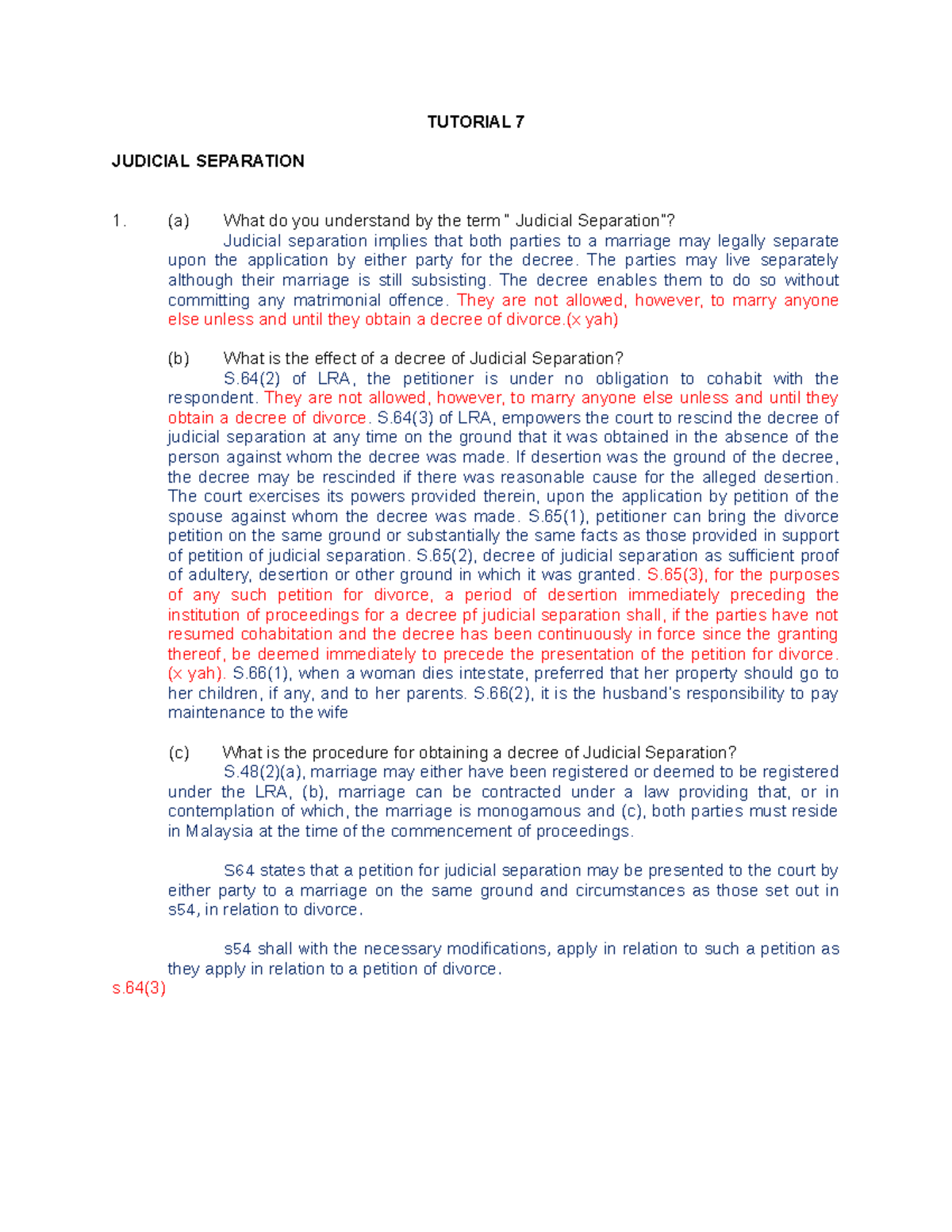 Tutorial 7 - TUTORIAL 7 JUDICIAL SEPARATION (a) What Do You Understand ...