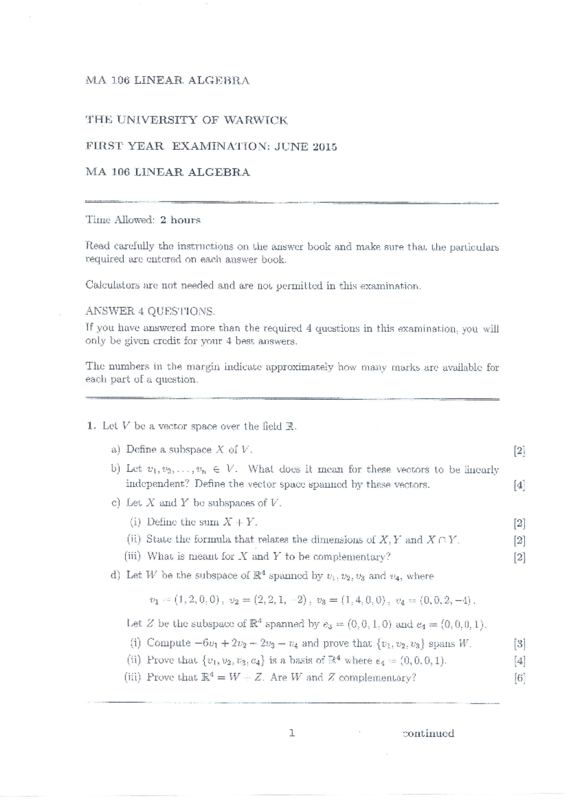 Ma106 exam 2015 0001 - Past papers from Warwick Maths Institute - MA106 ...