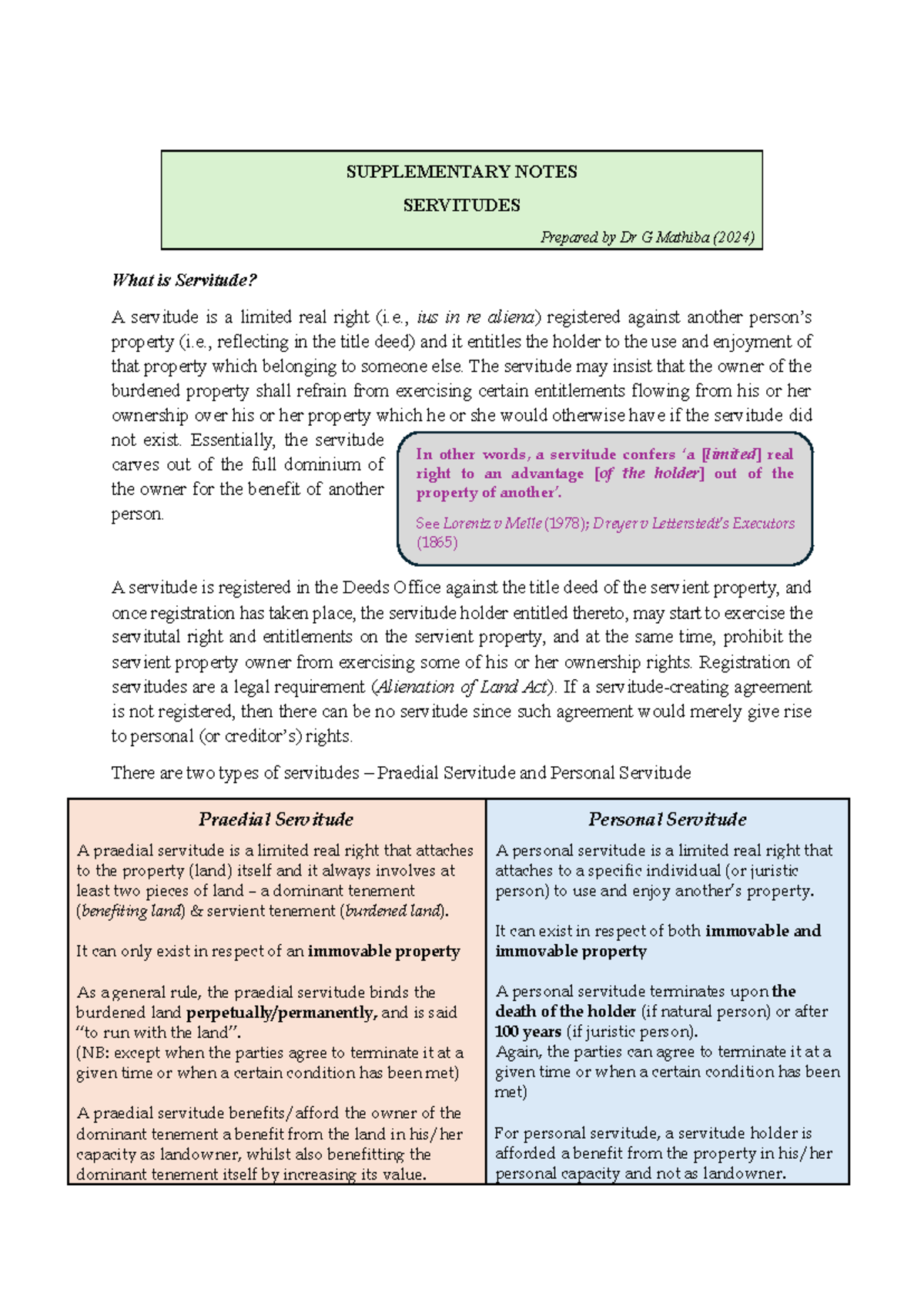Supplementary Notes - SUPPLEMENTARY NOTES SERVITUDES Prepared by Dr G ...