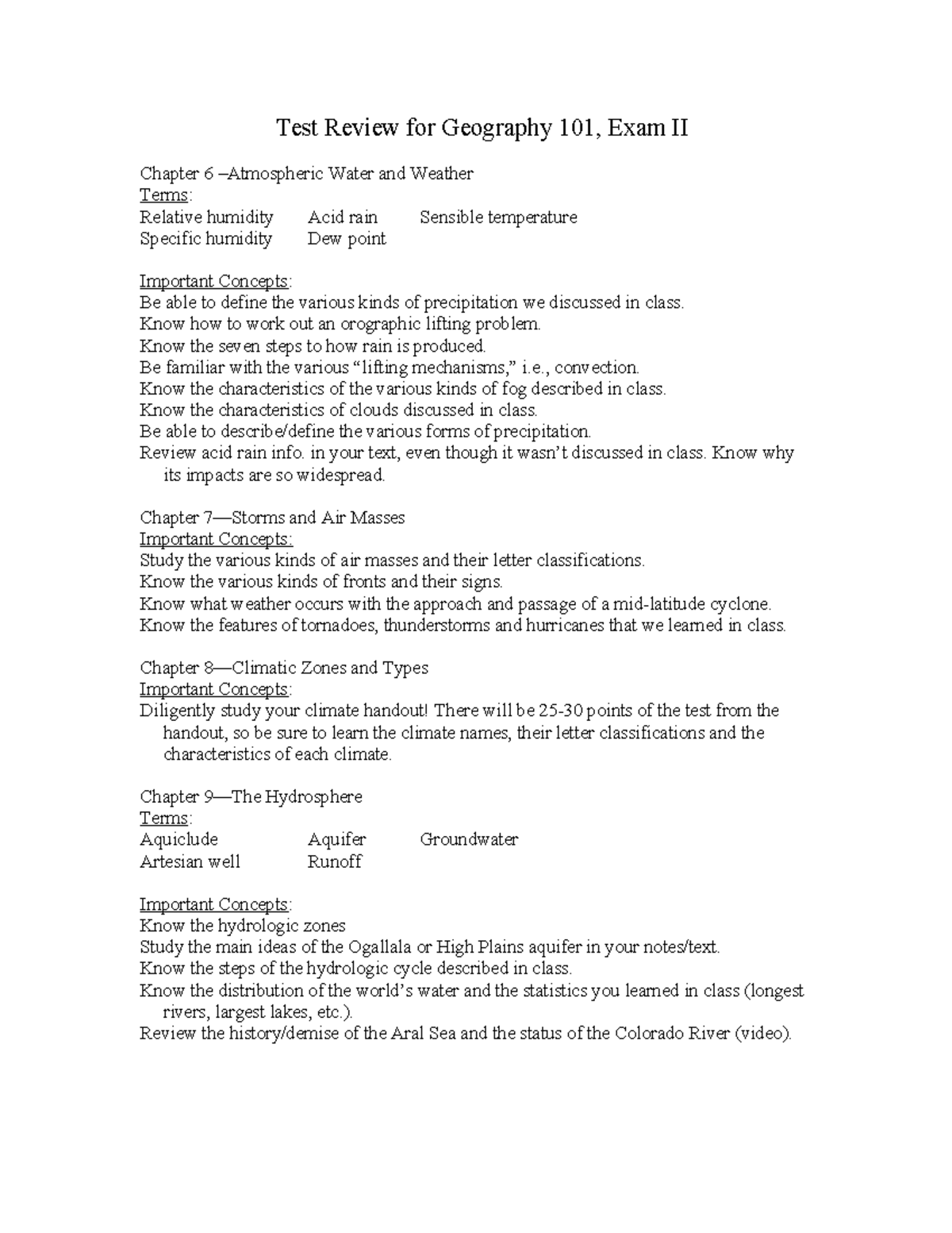 Exam 2 Study Guide - Test Review for Geography 101, Exam II Chapter 6 ...