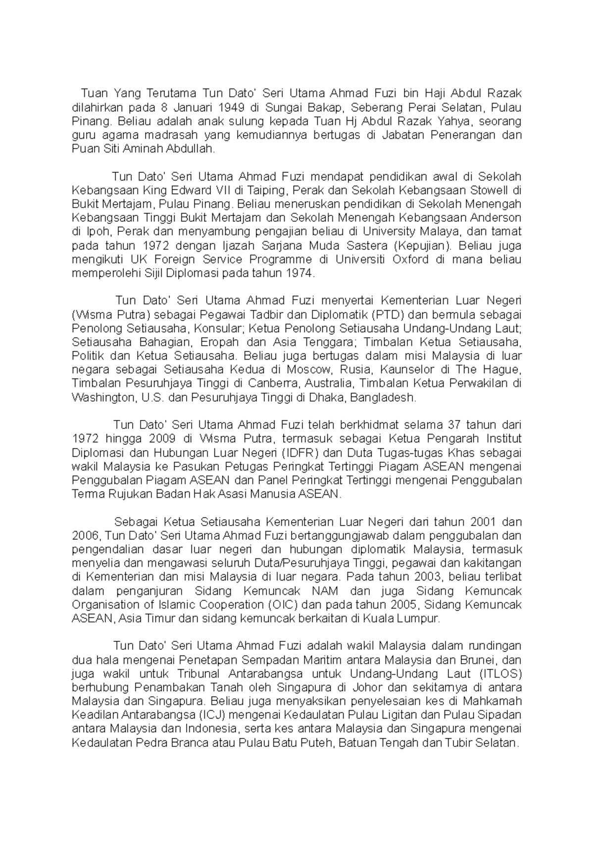 TUN DATO’ SERI Utama Ahmad FUZI BIN HAJI Abdul Razak TUN DATO’ SERI ...