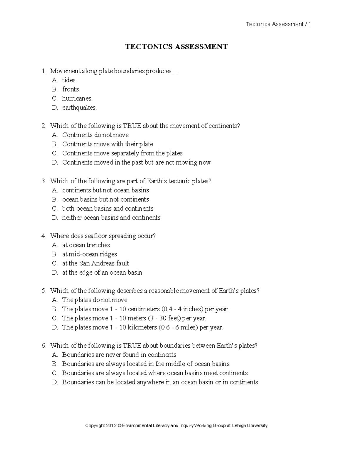 Tectonics - Notes from the lecturer - TECTONICS ASSESSMENT Movement ...