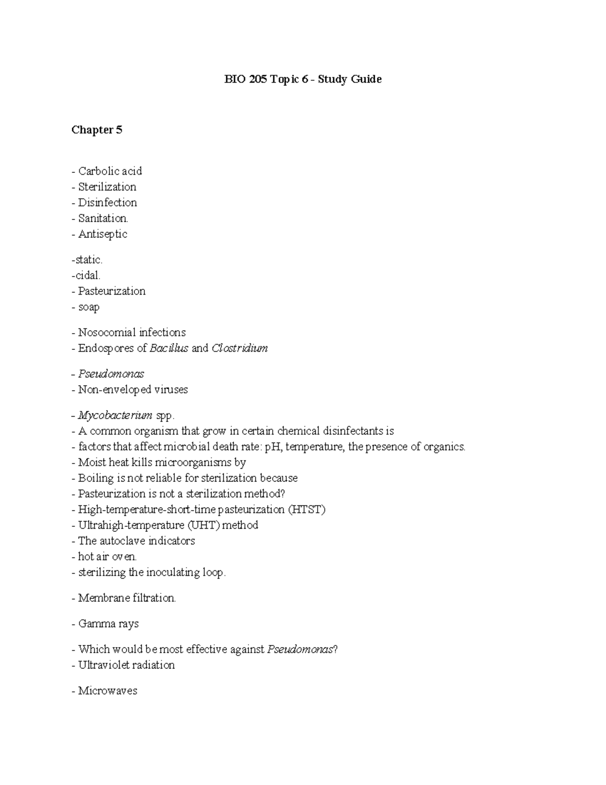 Bio 205 Quiz 6 Study Guide Bio 205 Topic 6 Study Guide Chapter 5