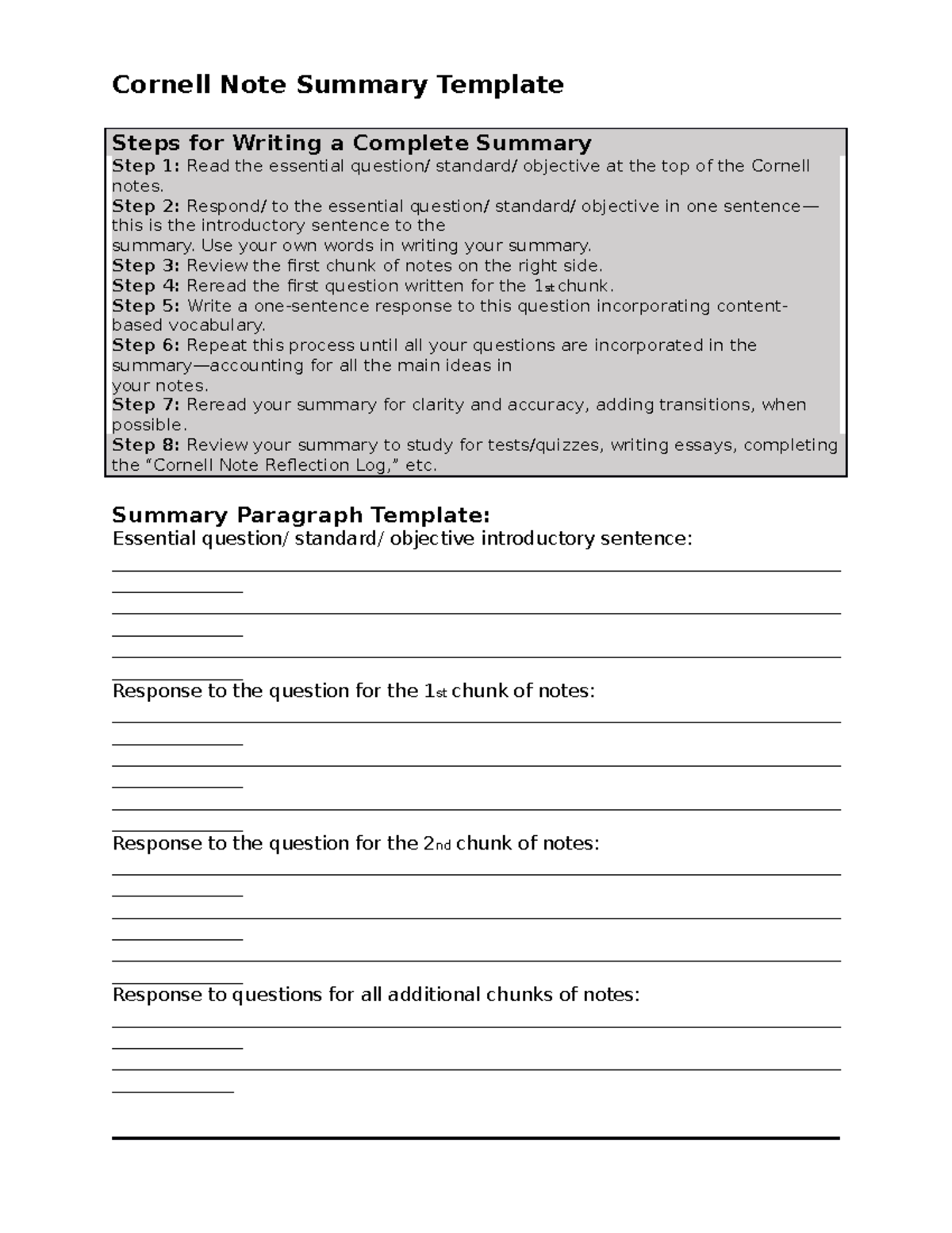 Cornell Notes Template Cornell Note Summary Template Steps For Writing A Complete Summary