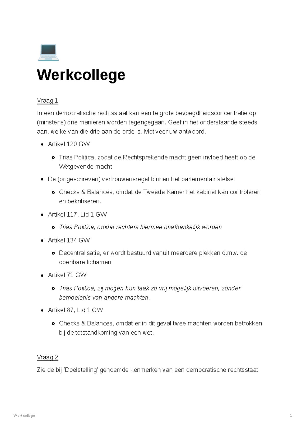 Werkcollege 2 - INLRW - 💻 Werkcollege Vraag 1 In Een Democratische ...