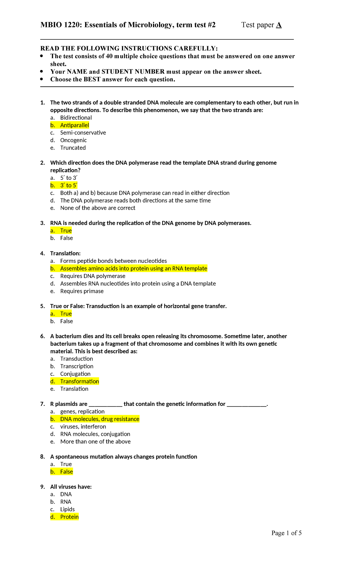 MBIO 1220 Test 2 W17 answers - READ THE FOLLOWING INSTRUCTIONS ...