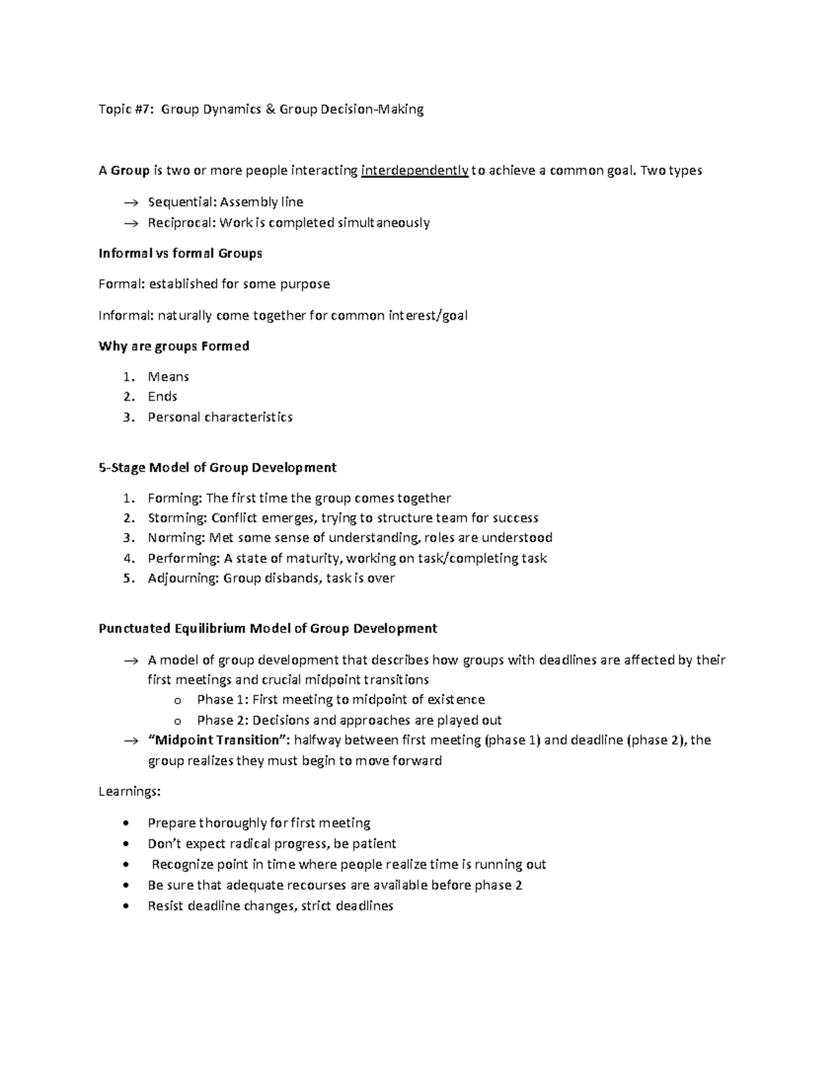 Topic #7 - notes - Topic #7: Group Dynamics & Group Decision-Making A ...