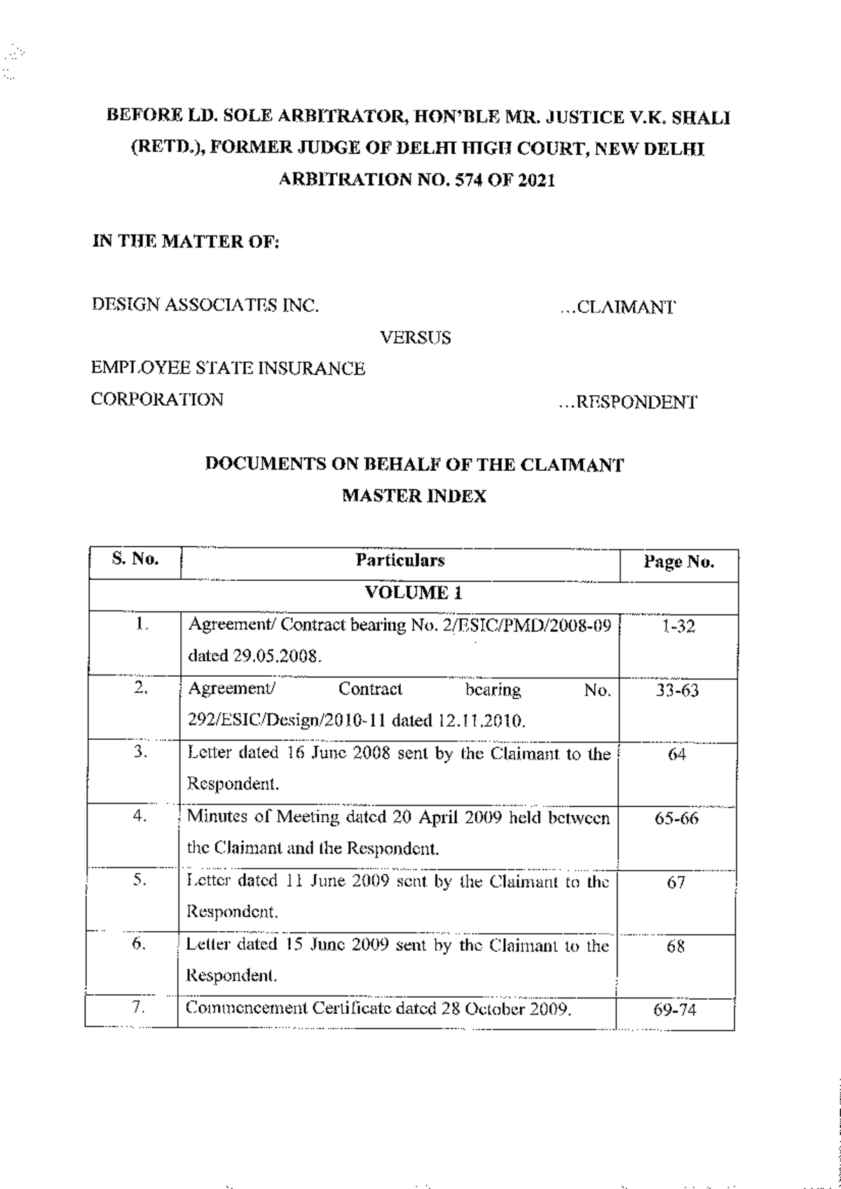 Arbitration 574 2021 Documents on behalf of Claimant Volume 1 ßEF