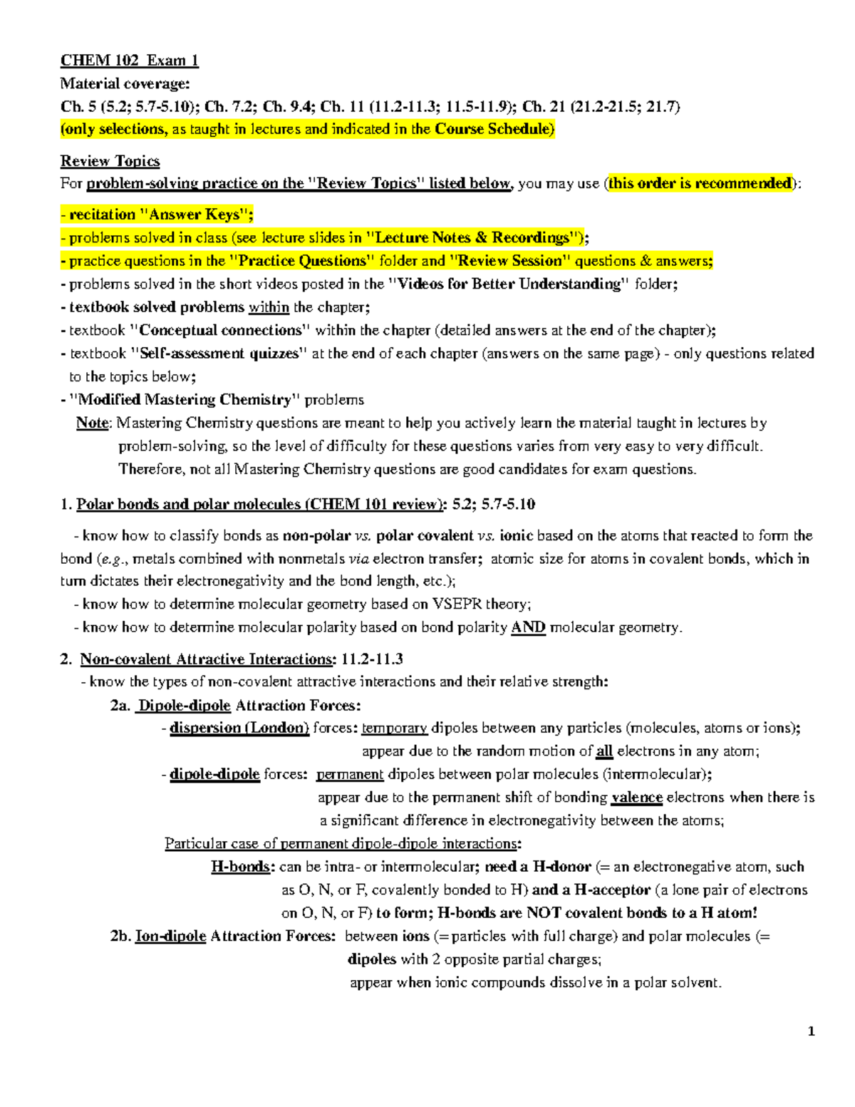 Review Topics CHEM 102 W23 Exam I - 1 CHEM 102 Exam 1 Material coverage ...