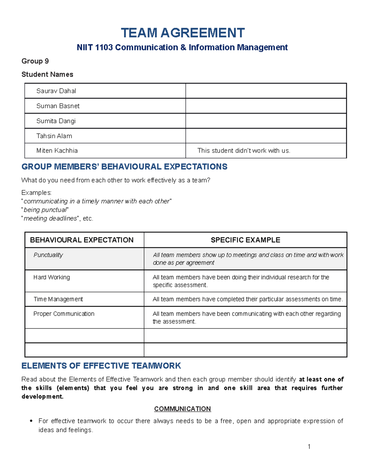 Team Agreement - With these assignments, I passed this unit with a High ...