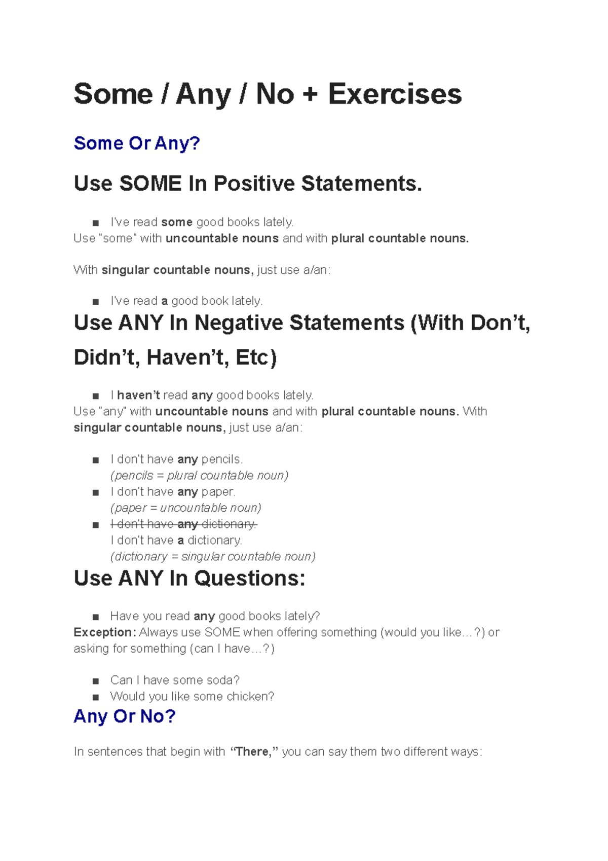 Some, Any and No Leyva Fortanelli - Some / Any / No + Exercises Some Or ...