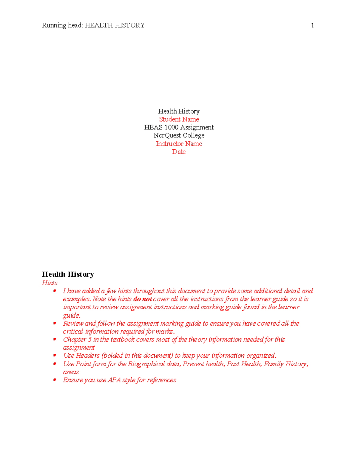 Hints for Health History Assignment - Running head: HEALTH HISTORY 1 ...