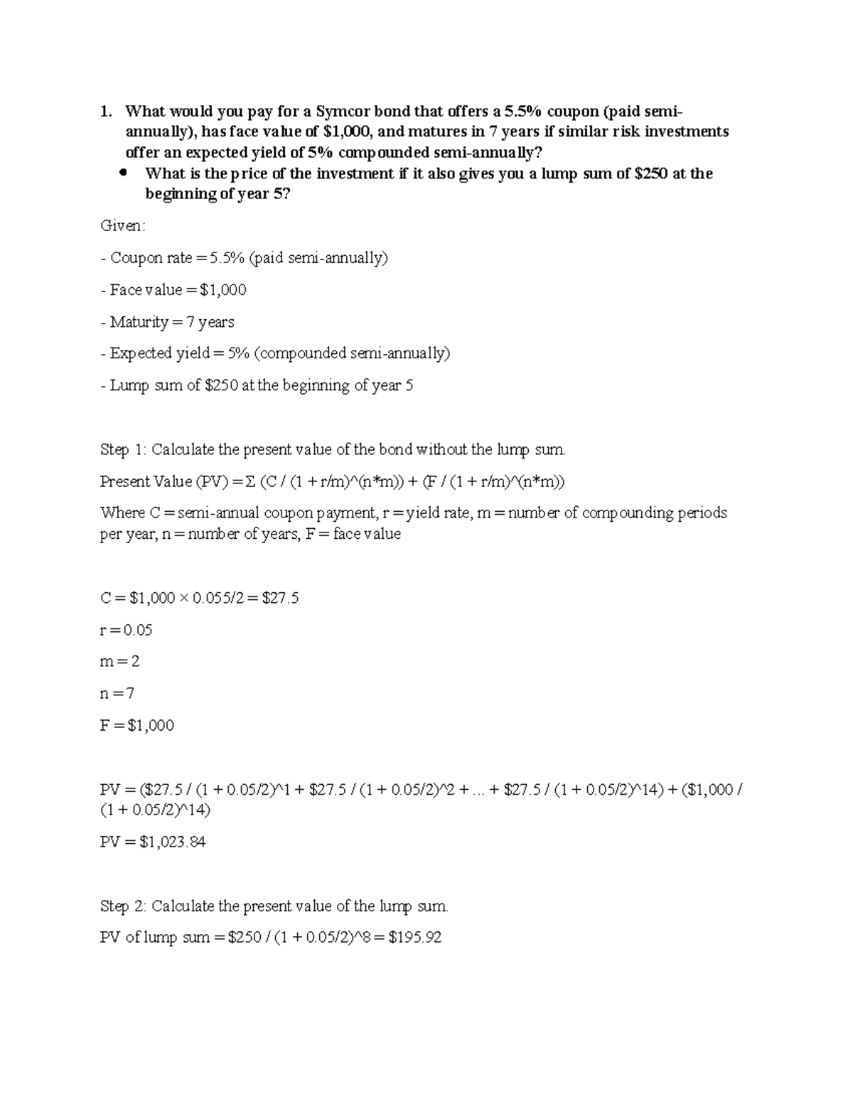 Missed Lab Assignment Lab 9 - What would you pay for a Symcor bond that ...