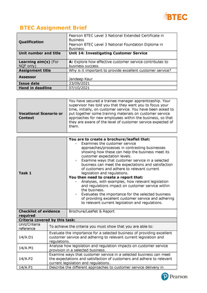 unit 14 investigating customer service assignment brief