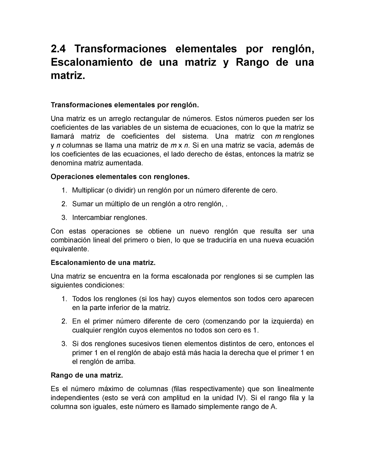 2.4 Transformaciones Elementales Por Renglón, Escalonamiento De Una ...