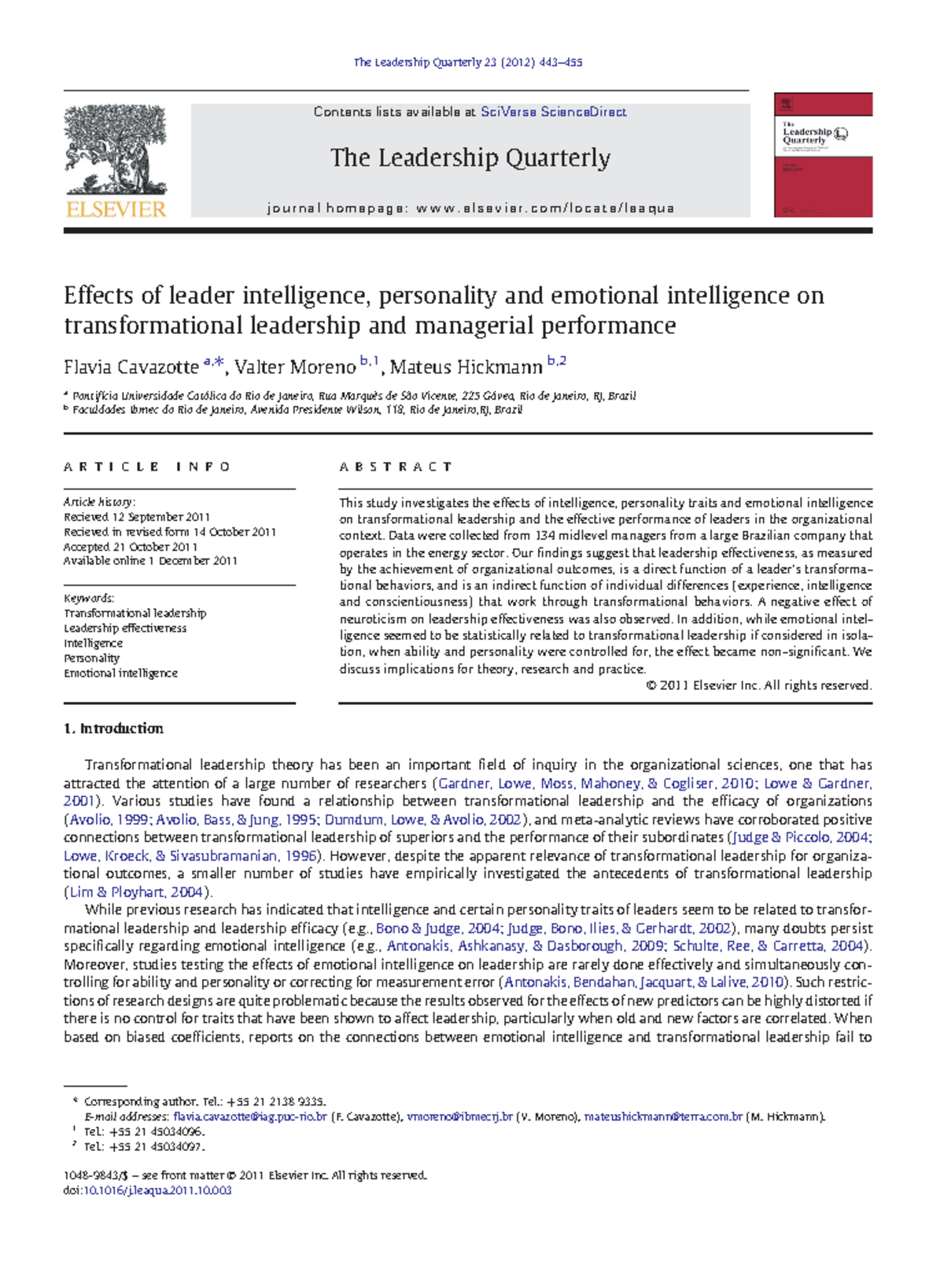 Effects of leader intelligence, personality and emotional intelligence ...