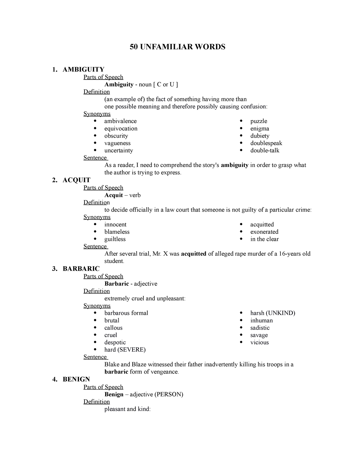 50 Unfamiliar Words 50 UNFAMILIAR WORDS 1 AMBIGUITY Parts Of Speech 