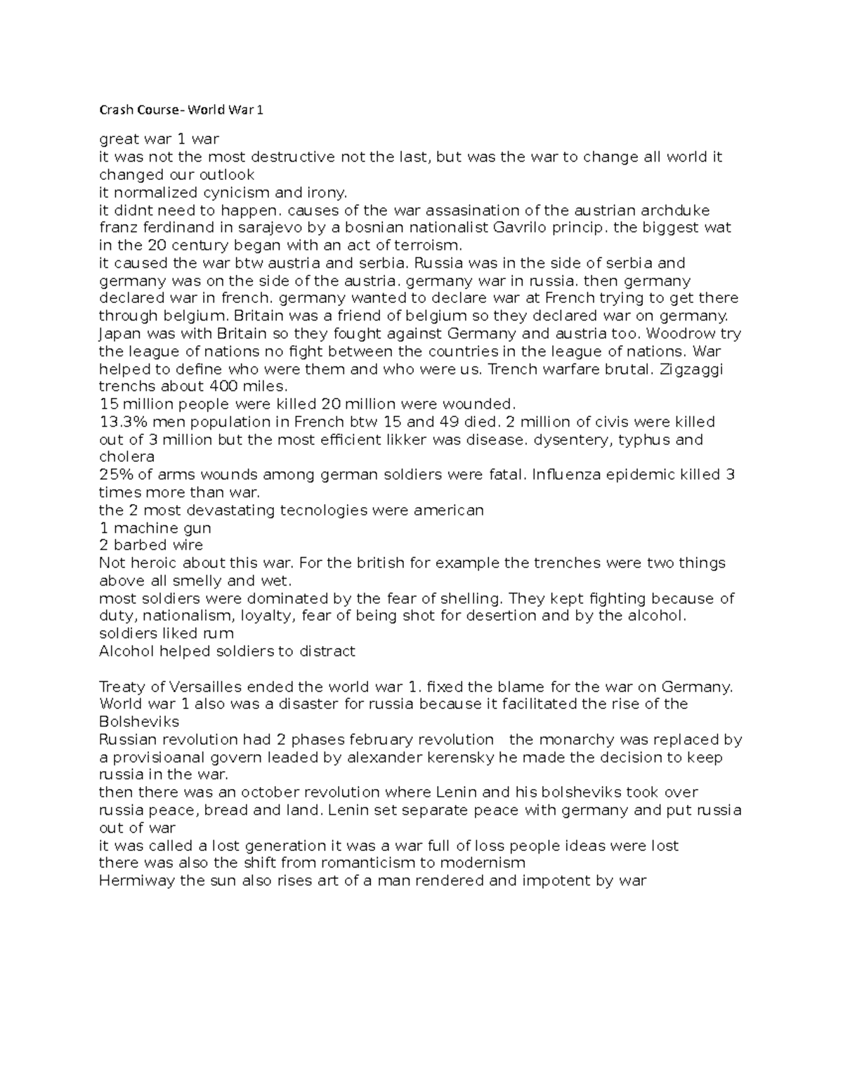 Crash Course World War grade A Crash Course World War 1 great war