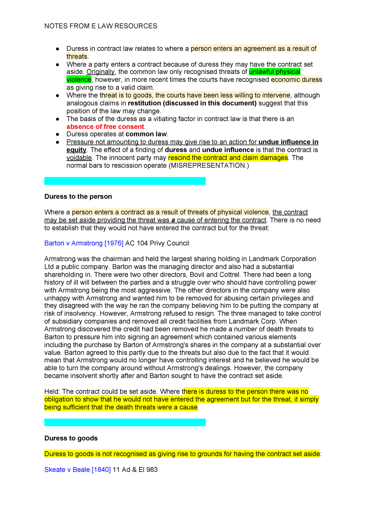 Exam - Duress - NOTES FROM E LAW RESOURCES Duress in contract law ...