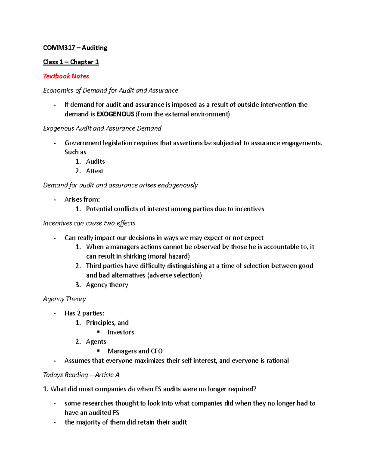 Notes for the year (Final Exam) - COMM317 – Auditing Class 1 – Chapter ...