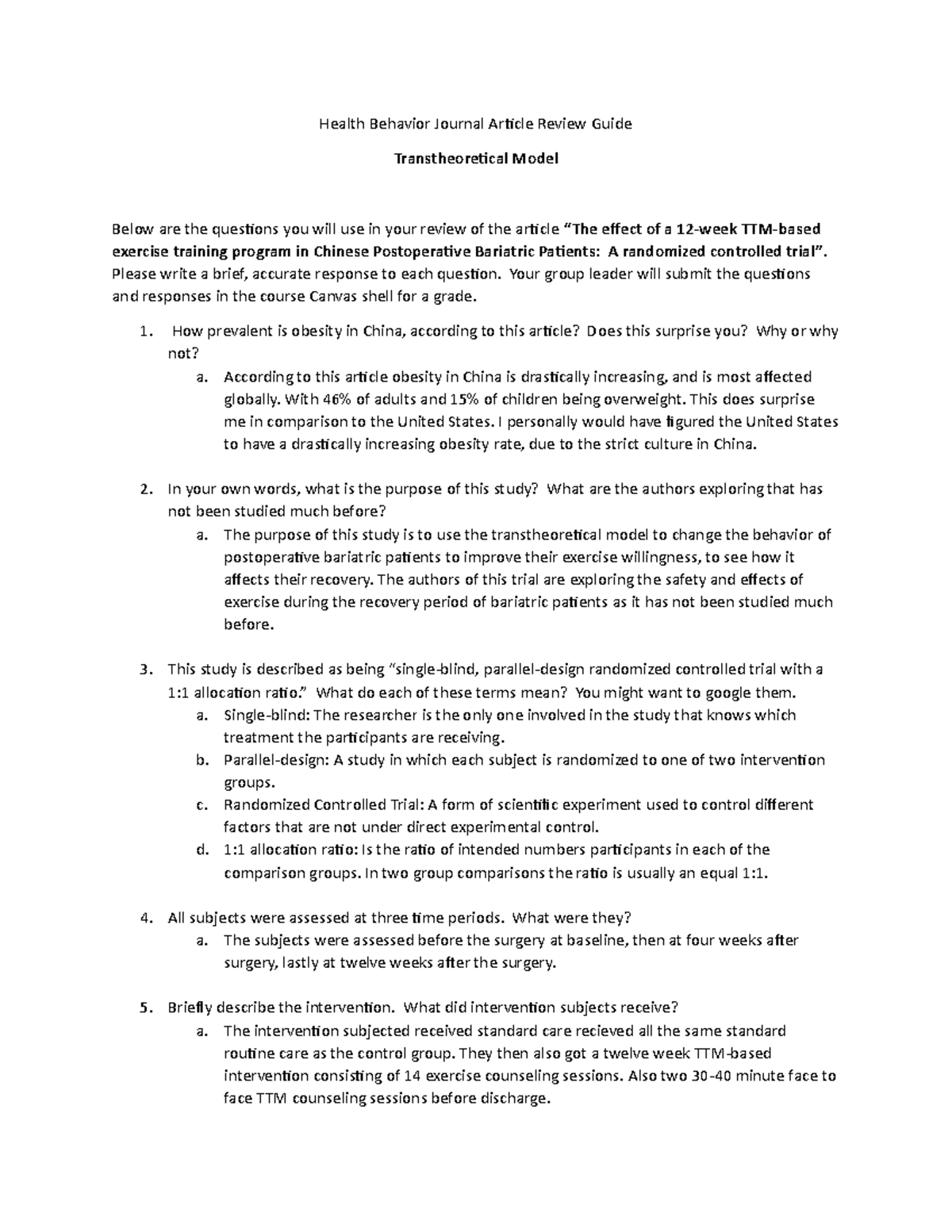 TTM Bariatric Patients Weight Loss Discussion Qs Health Behavior