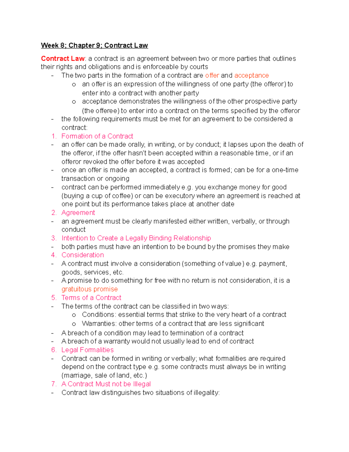 Legal Studies Exam Notes - Week 8; Chapter 9; Contract Law Contract Law ...