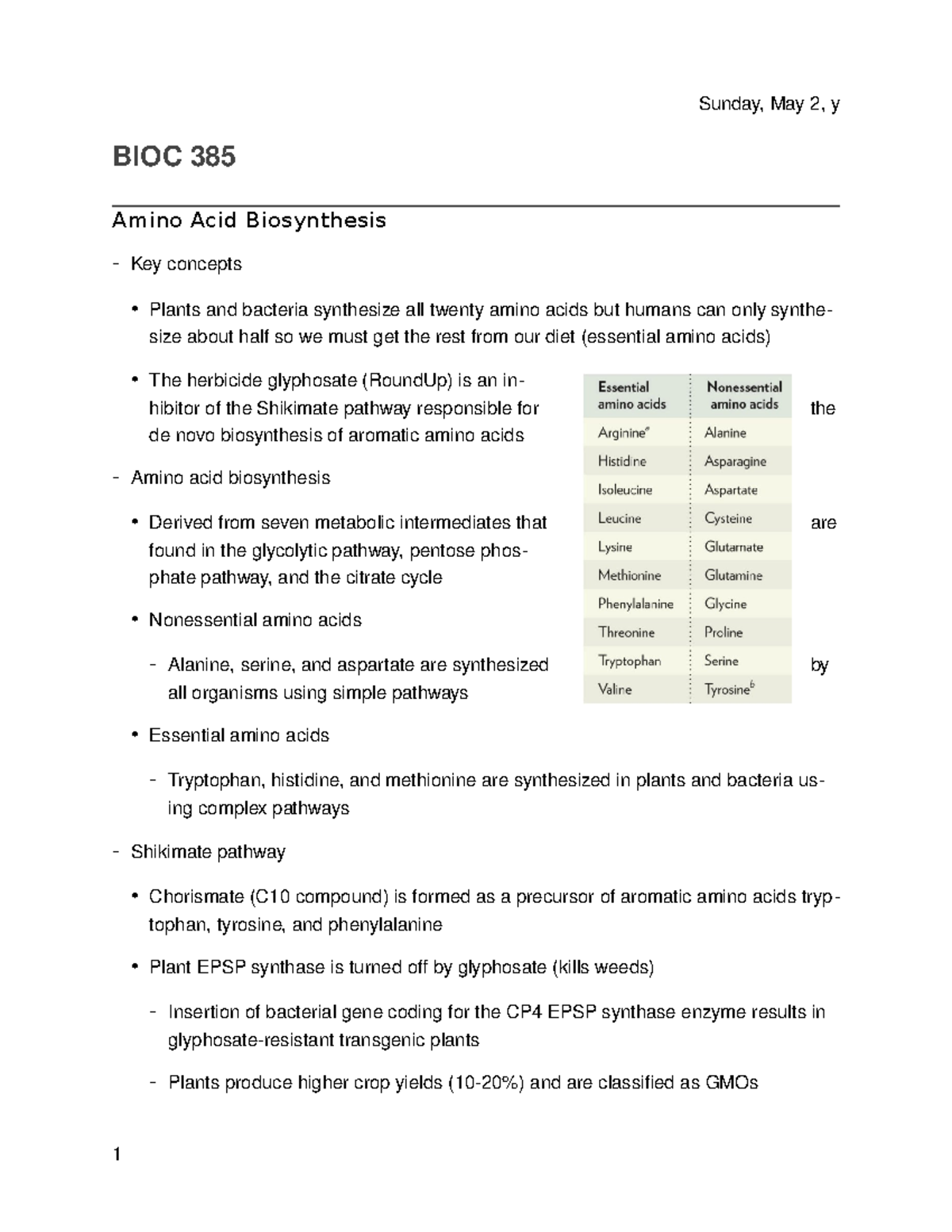 20 - Amino Acid Biosynthesis - Friday, May 3, Y BIOC 385 Amino Acid ...