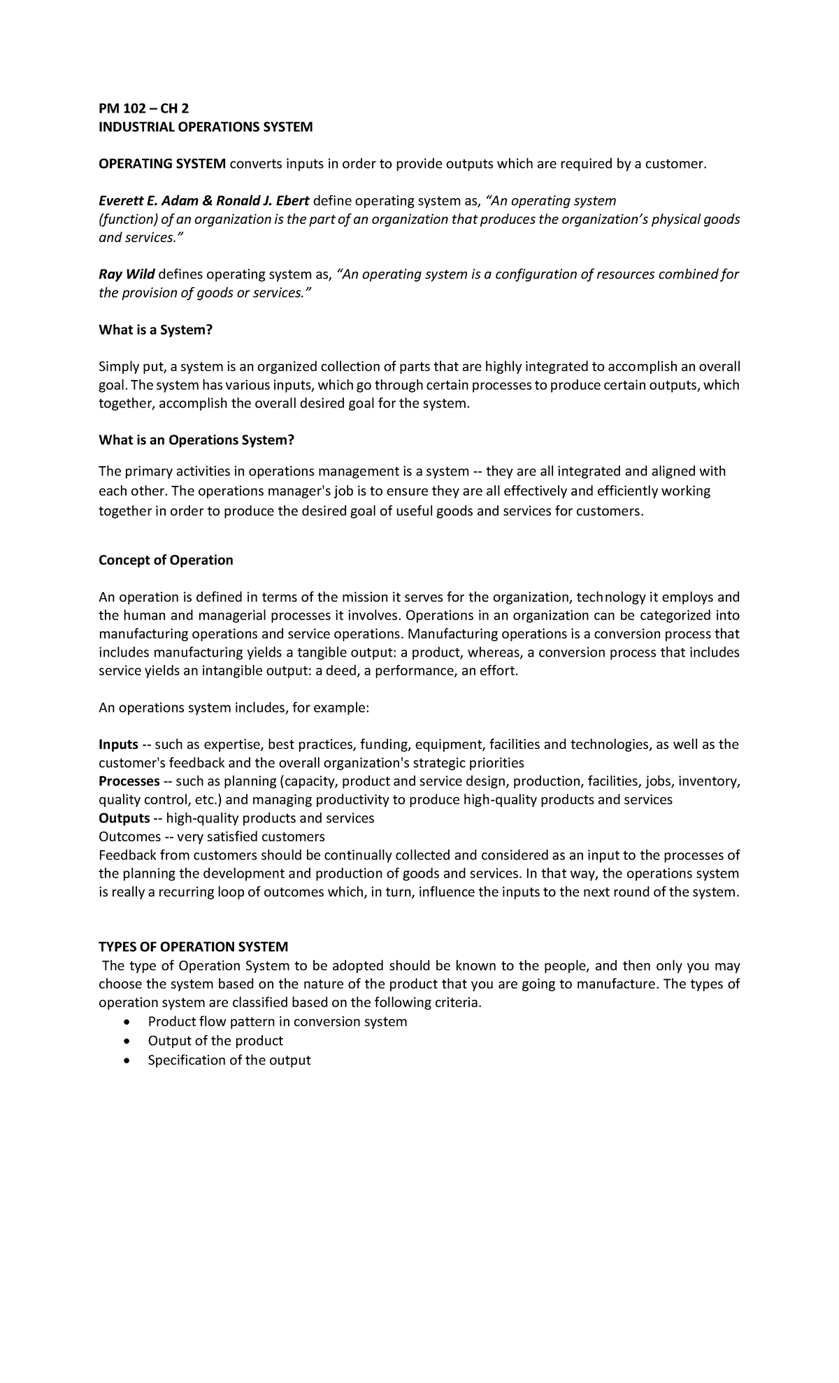 PM102 CH2 - Lectures - PM 102 – CH 2 INDUSTRIAL OPERATIONS SYSTEM ...