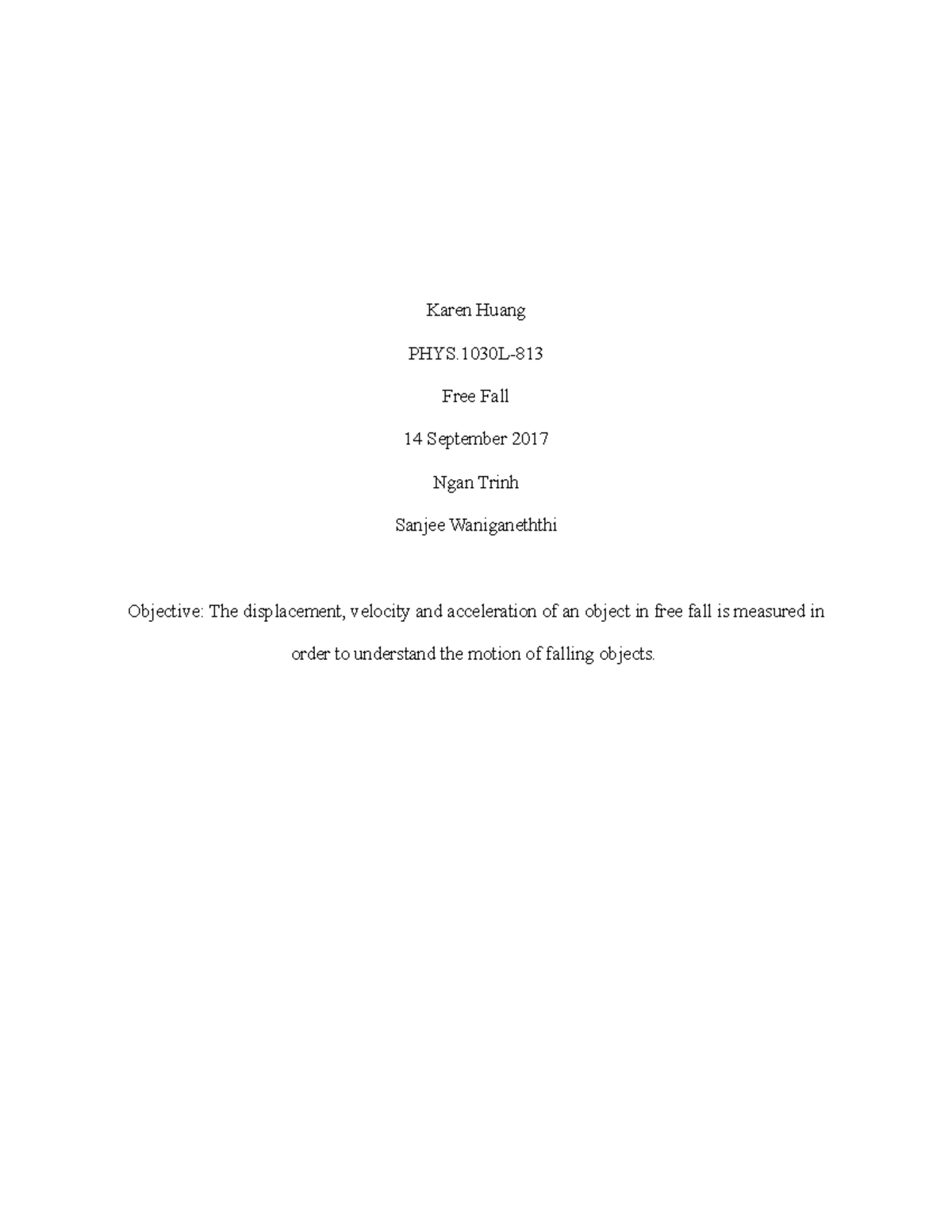 Free Fall Lab - Free Fall Lab - Karen Huang PHYS- Free Fall 14 ...