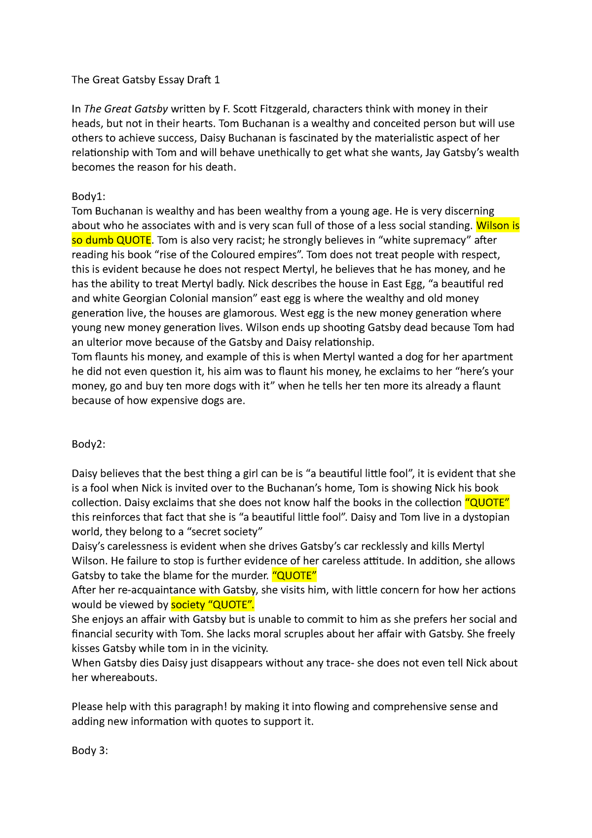 great gatsby essay about money