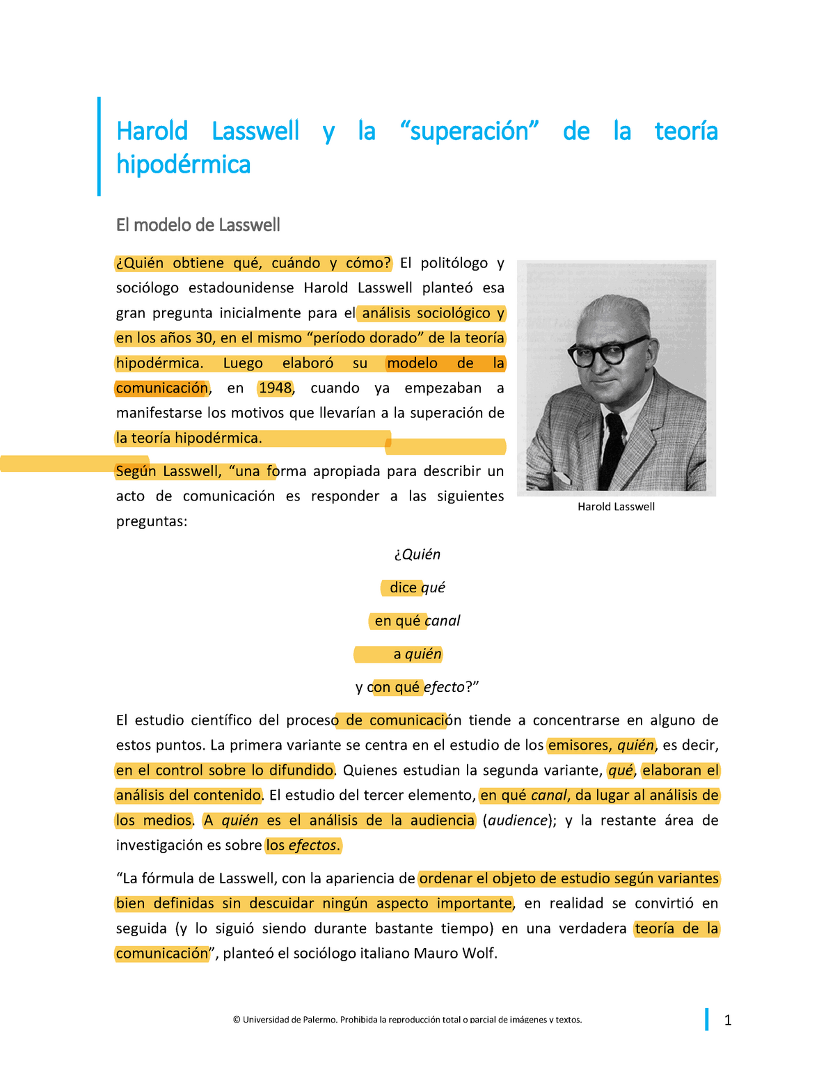 7. Harold Lasswell y la superación de la teoría hipodérmica - © Universidad  de Palermo. Prohibida - Studocu