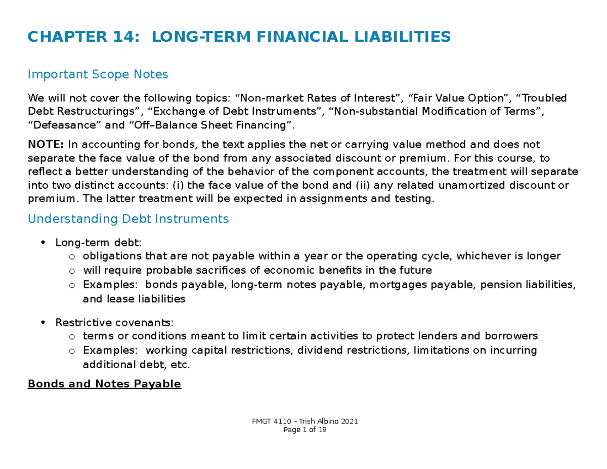 Chapter 14 Lecture Notes (TA 2021) - Long-Term Financial Liabilities ...