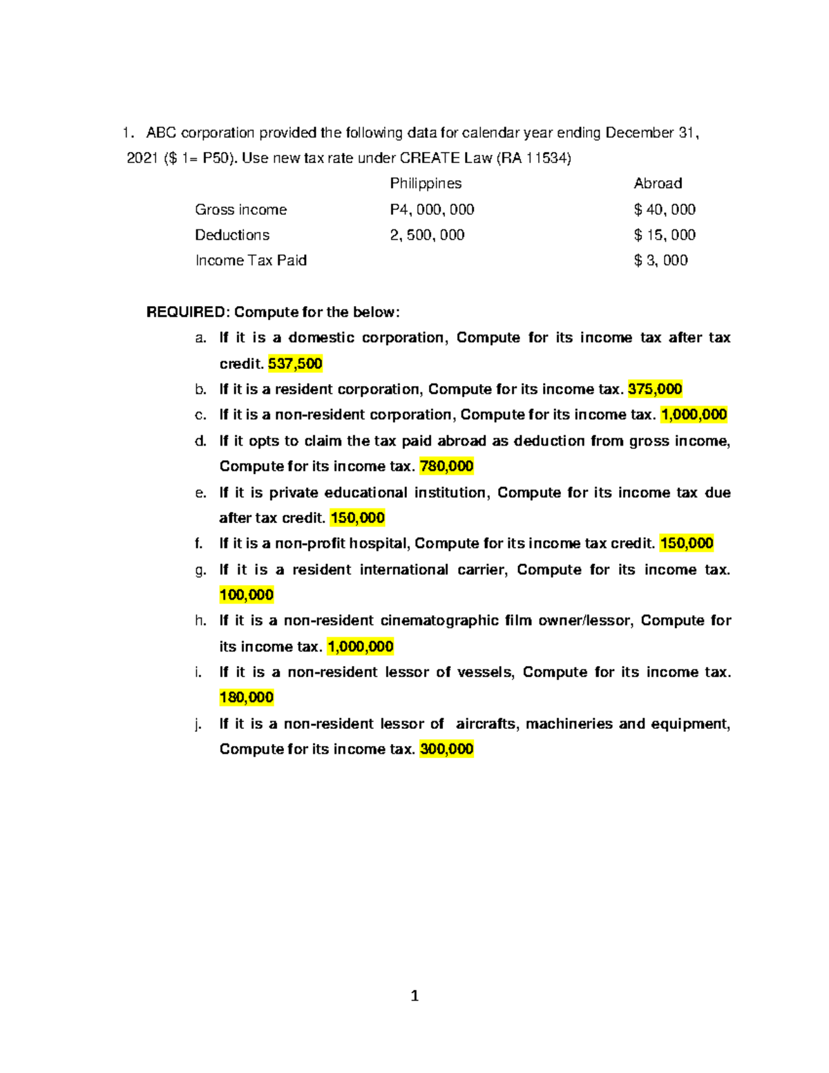 ABC corporation provided the following data Use new tax rate under