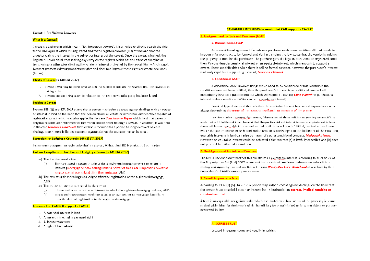 Caveats - Land Law - Studocu
